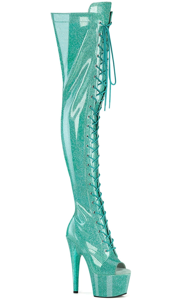ADORE-3021GP Aqua Glitter Patent Thigh High Boots
