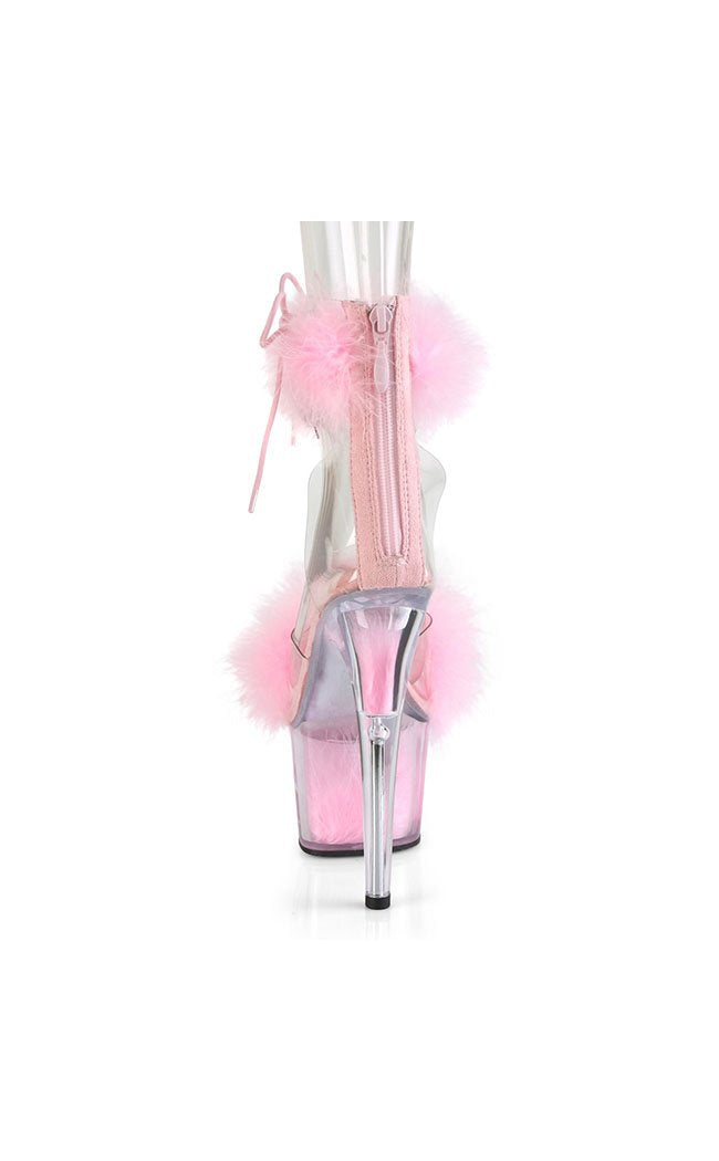 Blush Pink Faux Fur Open Toe Ankle Strap High Heels Sandals | FSJ Shoes