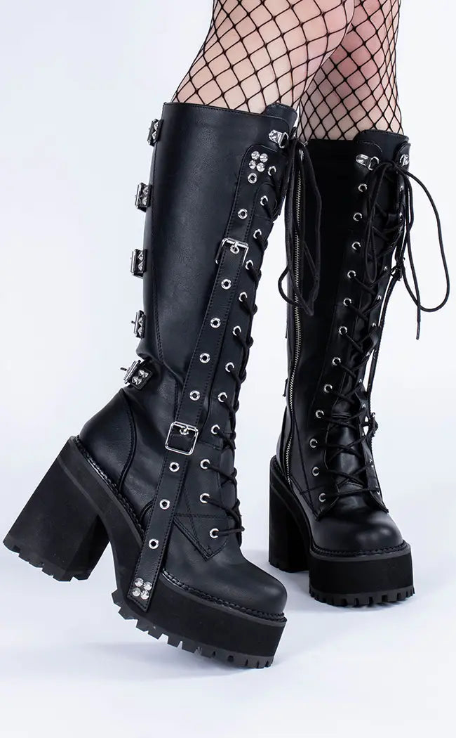 ASSAULT-218 Black Vegan Knee Boots-Demonia-Tragic Beautiful