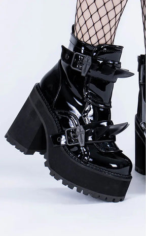 ASSAULT-72 Black Patent Ankle Boots-Demonia-Tragic Beautiful