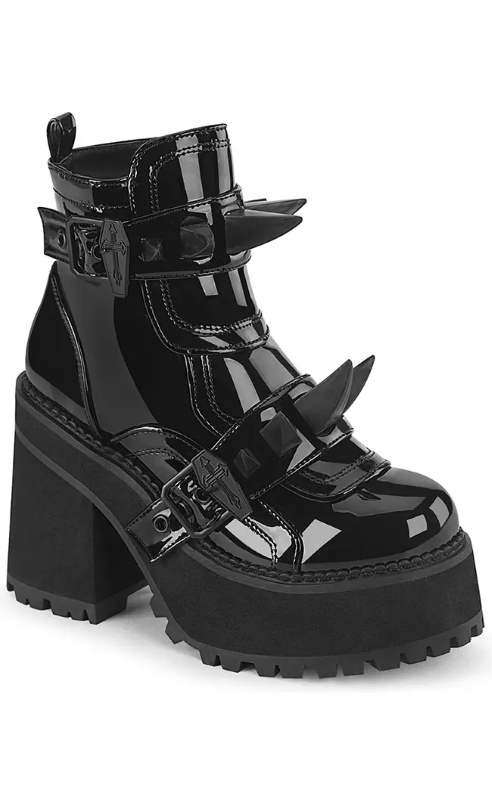 ASSAULT-72 Black Patent Ankle Boots-Demonia-Tragic Beautiful