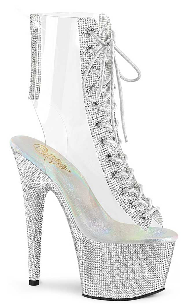 BEJEWELED-1016-2-7 Clear/Silver Rhinestone Ankle Boots-Pleaser-Tragic Beautiful