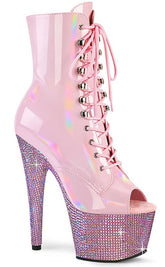 BEJEWELED-1021-7 Baby Pink Holo Patent Rhinestone Boots-Pleaser-Tragic Beautiful