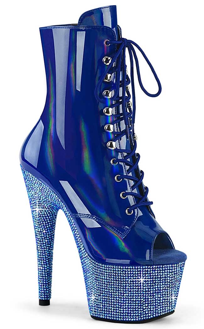 BEJEWELED-1021-7 Blue Holo Patent Rhinestone Boots-Pleaser-Tragic Beautiful
