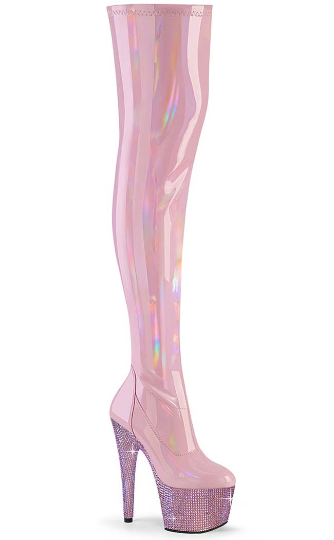 BEJEWELED-3000-7 Baby Pink Thigh-High Rhinestone Boots-Pleaser-Tragic Beautiful