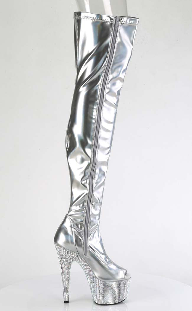 BEJEWELED-3011-7 Sivler Holo Thigh-High Rhinestone Boots-Pleaser-Tragic Beautiful