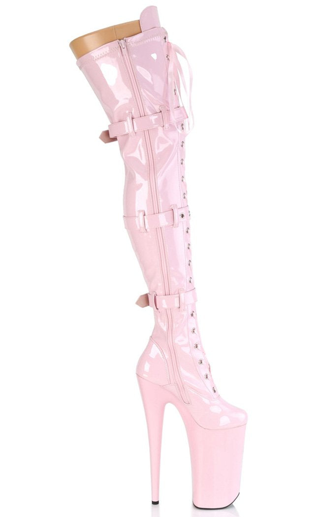 BEYOND-3028 Baby Pink Stretch Patent Thigh High Boots-Pleaser-Tragic Beautiful