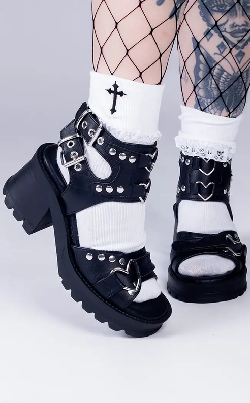 BRATTY-07 Black Chunky Heel Sandals-Demonia-Tragic Beautiful
