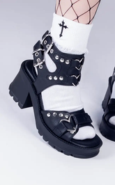 BRATTY-07 Black Chunky Heel Sandals-Demonia-Tragic Beautiful
