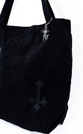Black Corduroy Tote Bag | Pentagram-Gothic Accessories-Tragic Beautiful