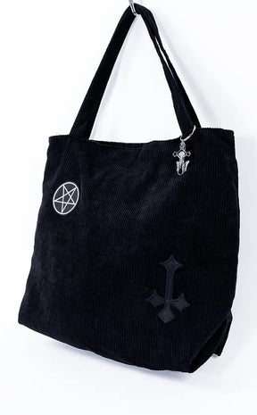 Black Corduroy Tote Bag | Pentagram-Gothic Accessories-Tragic Beautiful
