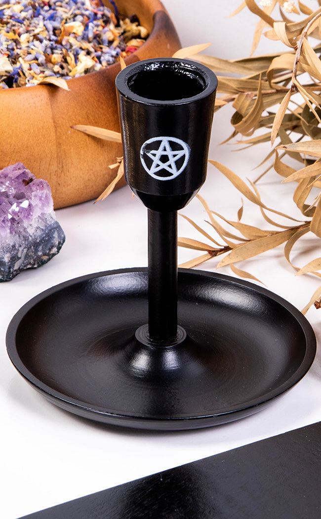 Black Pentagram Taper Candle Holder-Candles-Tragic Beautiful