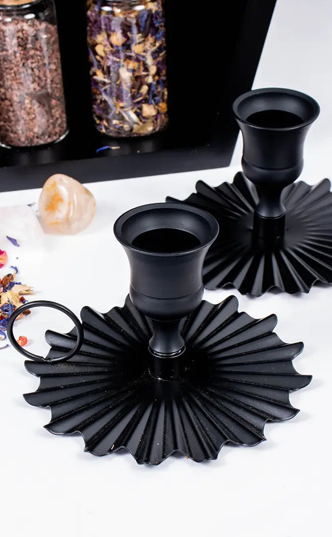 Black Ribbed Taper Candle Holder Set of Two-Candles-Tragic Beautiful