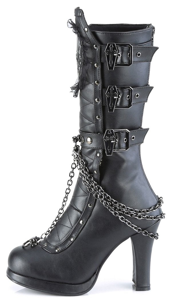 CRYPTO-67 Black Quilted Knee High Boots-Demonia-Tragic Beautiful