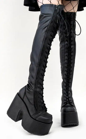 Camel-300 Black Matte Vegan Thigh High Boots (AU Stock)-Demonia-Tragic Beautiful