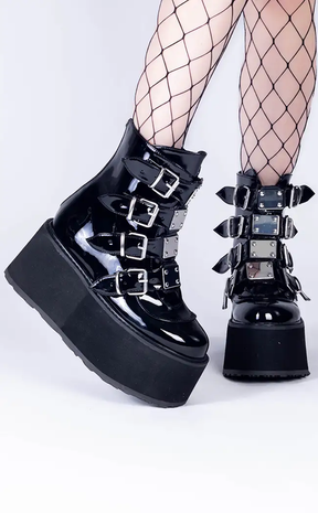 DAMNED-105 Black Patent Flatform Ankle Boots (AU Stock)-Demonia-Tragic Beautiful