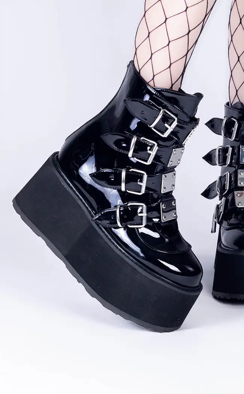 DAMNED-105 Black Patent Flatform Ankle Boots (AU Stock)-Demonia-Tragic Beautiful