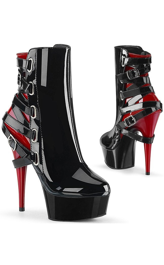 DELIGHT-1012 Black/Red Patent Strappy Boots-Pleaser-Tragic Beautiful