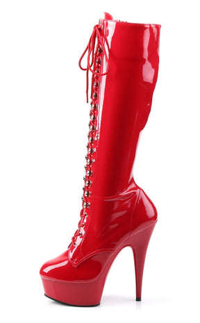 DELIGHT-2023 Red Str Pat/Red Knee High Boots-Pleaser-Tragic Beautiful