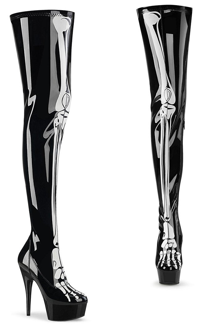 DELIGHT-3000BONE Black Patent Bone Thigh High Boots-Pleaser-Tragic Beautiful
