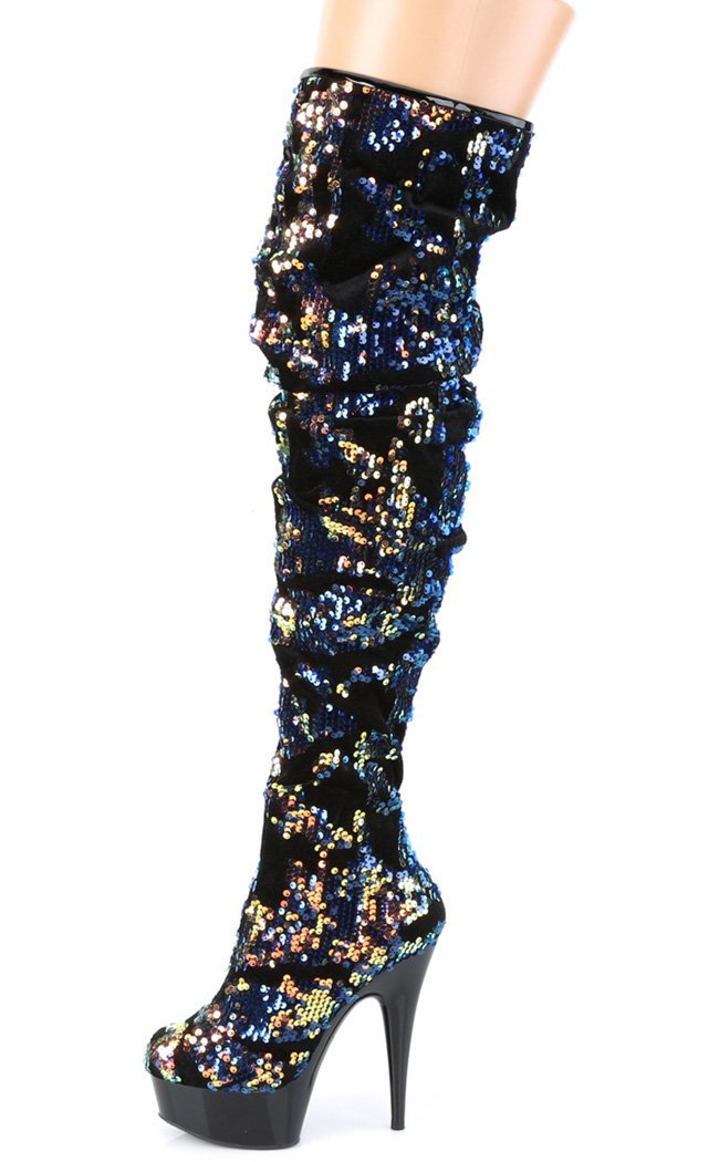 DELIGHT-3004 Blue Iridescent Sequins/ Silk Thigh High Boots-Pleaser-Tragic Beautiful