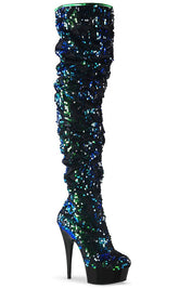 DELIGHT-3004 Green Iridescent Sequins/ Silk Thigh High Boots-Pleaser-Tragic Beautiful