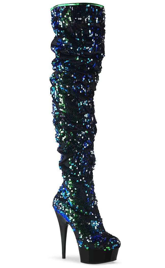 DELIGHT-3004 Green Iridescent Sequins/ Silk Thigh High Boots-Pleaser-Tragic Beautiful