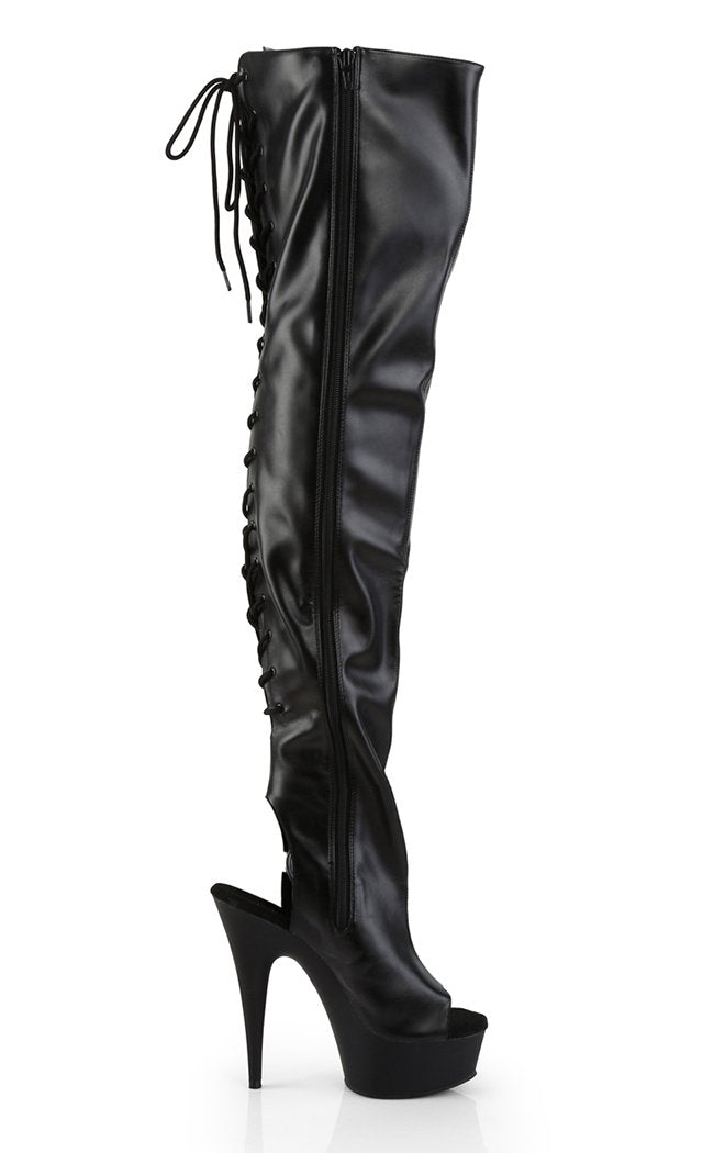 DELIGHT-3017 Blk Str Faux Leather/Blk Thigh High Boots-Pleaser-Tragic Beautiful