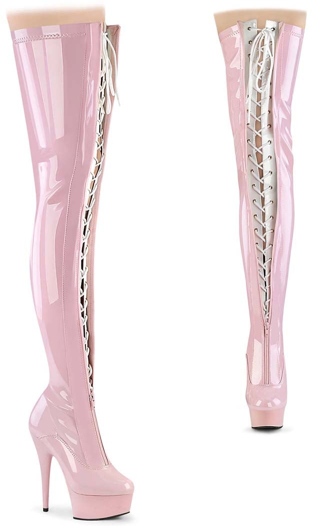 DELIGHT-3027 Baby Pink/White Patent Thigh High Boots-Pleaser-Tragic Beautiful