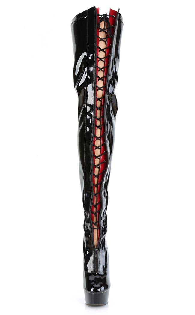 DELIGHT-3027 Black/Red Patent Thigh High Boots-Pleaser-Tragic Beautiful