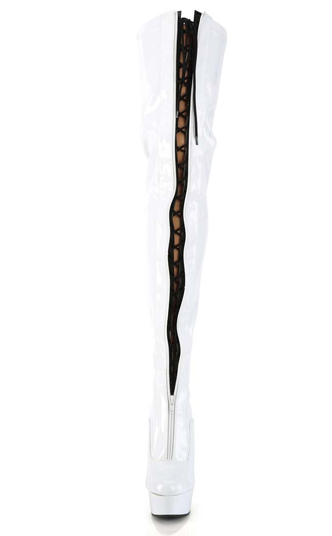 DELIGHT-3027 White/Black Patent Thigh High Boots-Pleaser-Tragic Beautiful