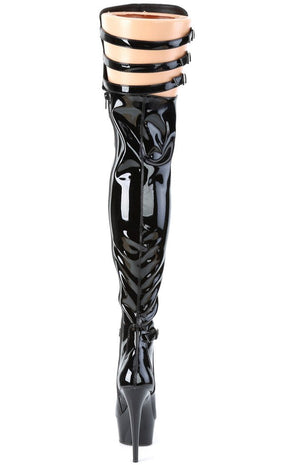 DELIGHT-3055 Black Stretch Patent Thigh High Boots-Pleaser-Tragic Beautiful