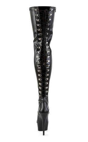 DELIGHT-3063 Blk Str Faux Leather/Blk Thigh High Boots-Pleaser-Tragic Beautiful