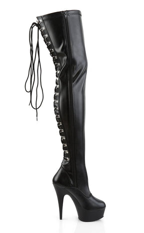 DELIGHT-3063 Blk Str Faux Leather/Blk Thigh High Boots-Pleaser-Tragic Beautiful