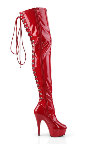 DELIGHT-3063 Red Str Pat/Red Thigh High Boots-Pleaser-Tragic Beautiful