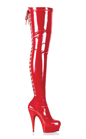 DELIGHT-3063 Red Str Pat/Red Thigh High Boots-Pleaser-Tragic Beautiful
