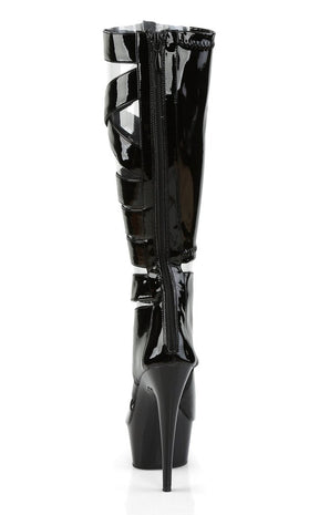 DELIGHT-600-49 Blk Str Pat/Blk Knee High Boots-Pleaser-Tragic Beautiful