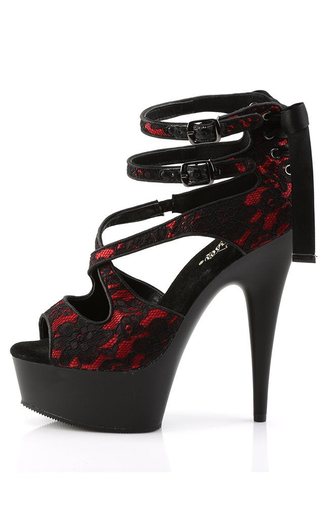 DELIGHT-678LC Red Satin-Lace/Blk Matte Heels-Pleaser-Tragic Beautiful
