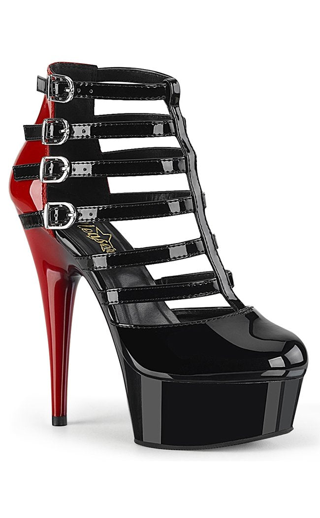 DELIGHT-695 Black/Red Patent Cage Booties-Pleaser-Tragic Beautiful