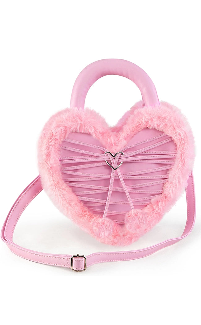 Demonia Pink Faux Fur Heart Handbag