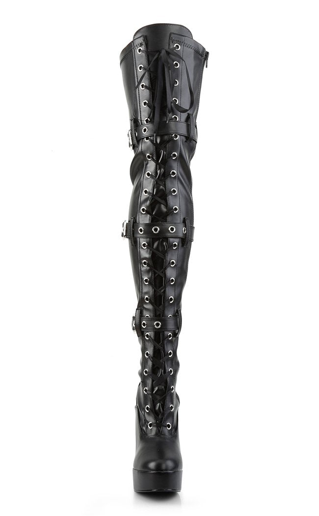 ELECTRA-3028 Black Strapped Thigh High Boots-Pleaser-Tragic Beautiful
