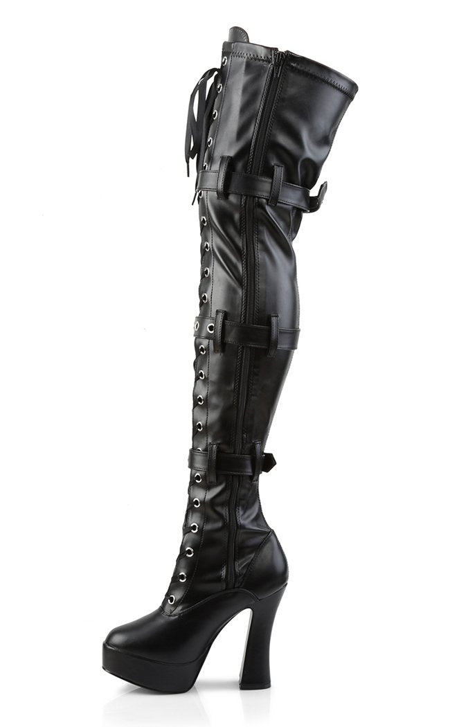 ELECTRA-3028 Black Strapped Thigh High Boots-Pleaser-Tragic Beautiful