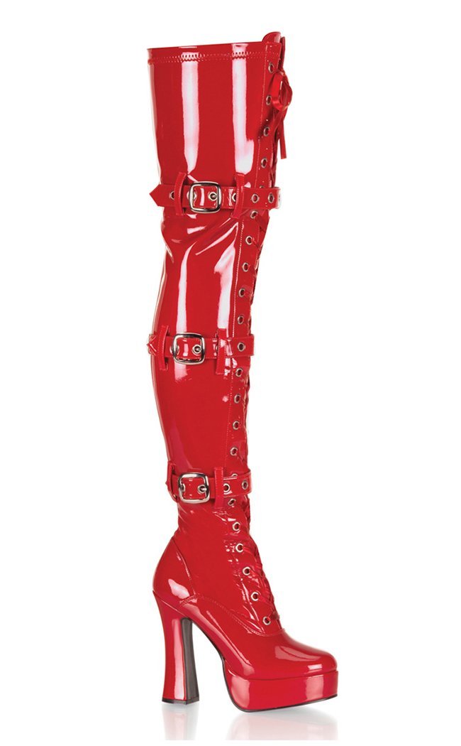 ELECTRA-3028 Red Buckled Thigh High Boots-Pleaser-Tragic Beautiful