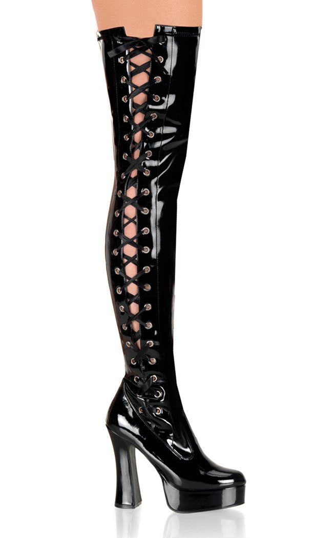 ELECTRA-3050 Black Side Laced Thigh High Boots-Pleaser-Tragic Beautiful