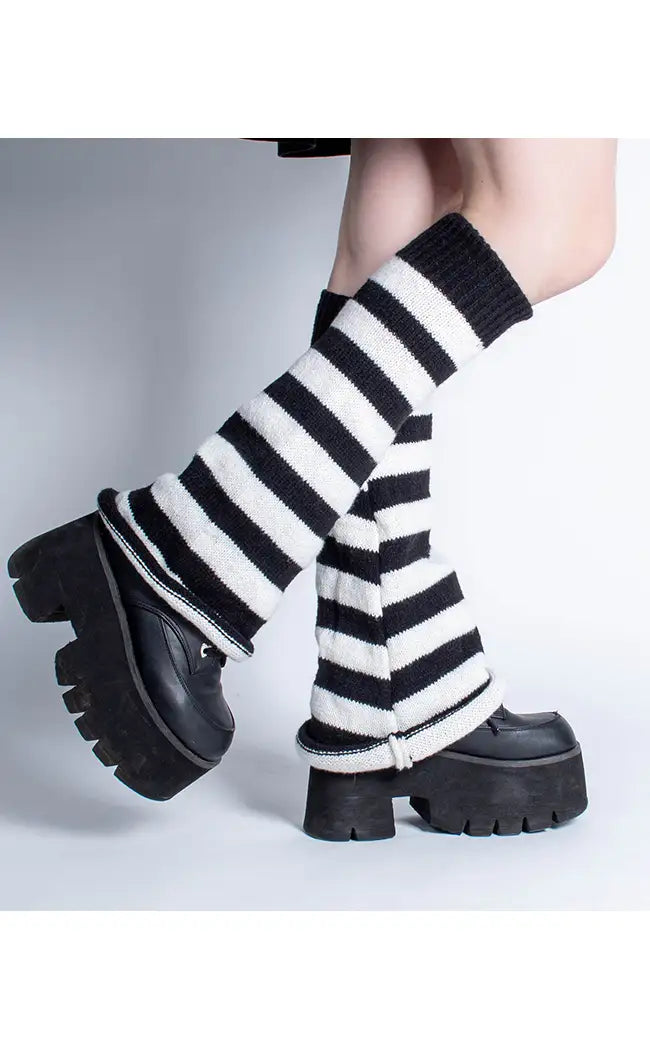 Emily Black & White Stripe Knit Leg Warmers-Cold Black Heart-Tragic Beautiful