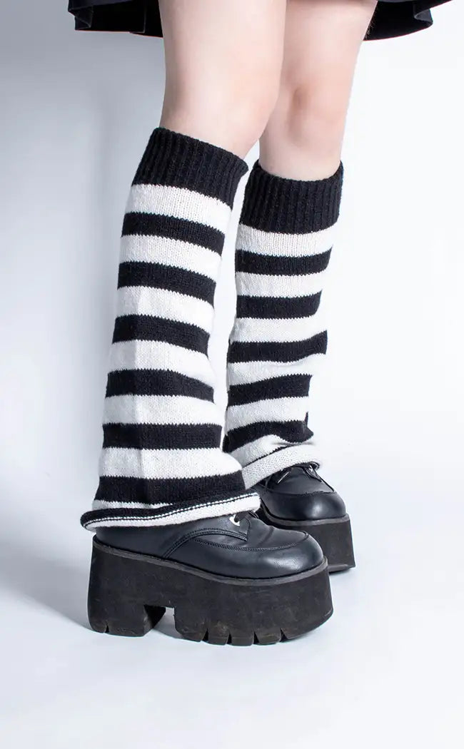 Emily Black & White Stripe Knit Leg Warmers-Cold Black Heart-Tragic Beautiful
