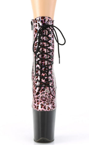 FLAMINGO-1020LP Pink Holo Leopard Print/ Black Patent Ankle Boots-Pleaser-Tragic Beautiful