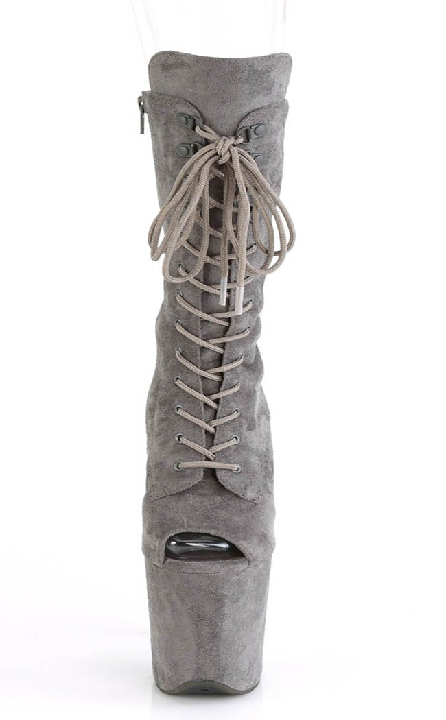 FLAMINGO-1051FS Grey Faux Suede Mid Calf Open Toe Boots-Pleaser-Tragic Beautiful