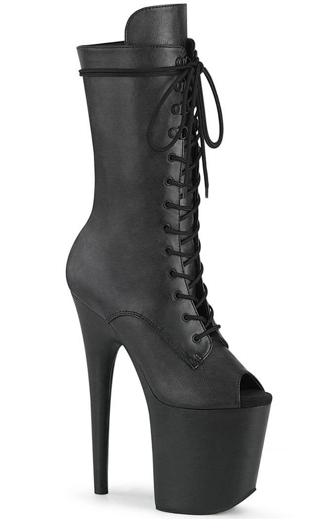 FLAMINGO-1051WR Black Leather Mid Calf Open Toe Boots-Pleaser-Tragic Beautiful