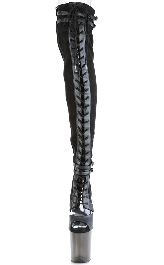 FLAMINGO-3027 Black Faux Suede/ Faux Leather Frosted Thigh High Boots-Pleaser-Tragic Beautiful